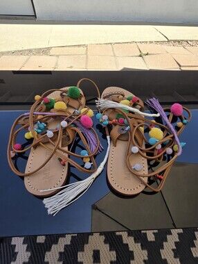 Mystique Lace-up colorful pom Pom gladiator sandals 9.